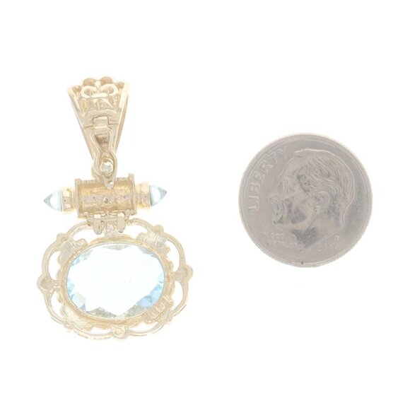 Yellow Gold Blue Topaz & Diamond Enhancer Pendant 14k Oval Checkerboard 9.15ctw - Picture 3 of 4